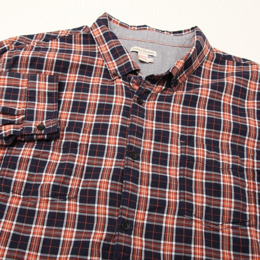 Carbon 2 Cobalt Plaid Button Front Shirt Mens XXL Orange Navy Blue